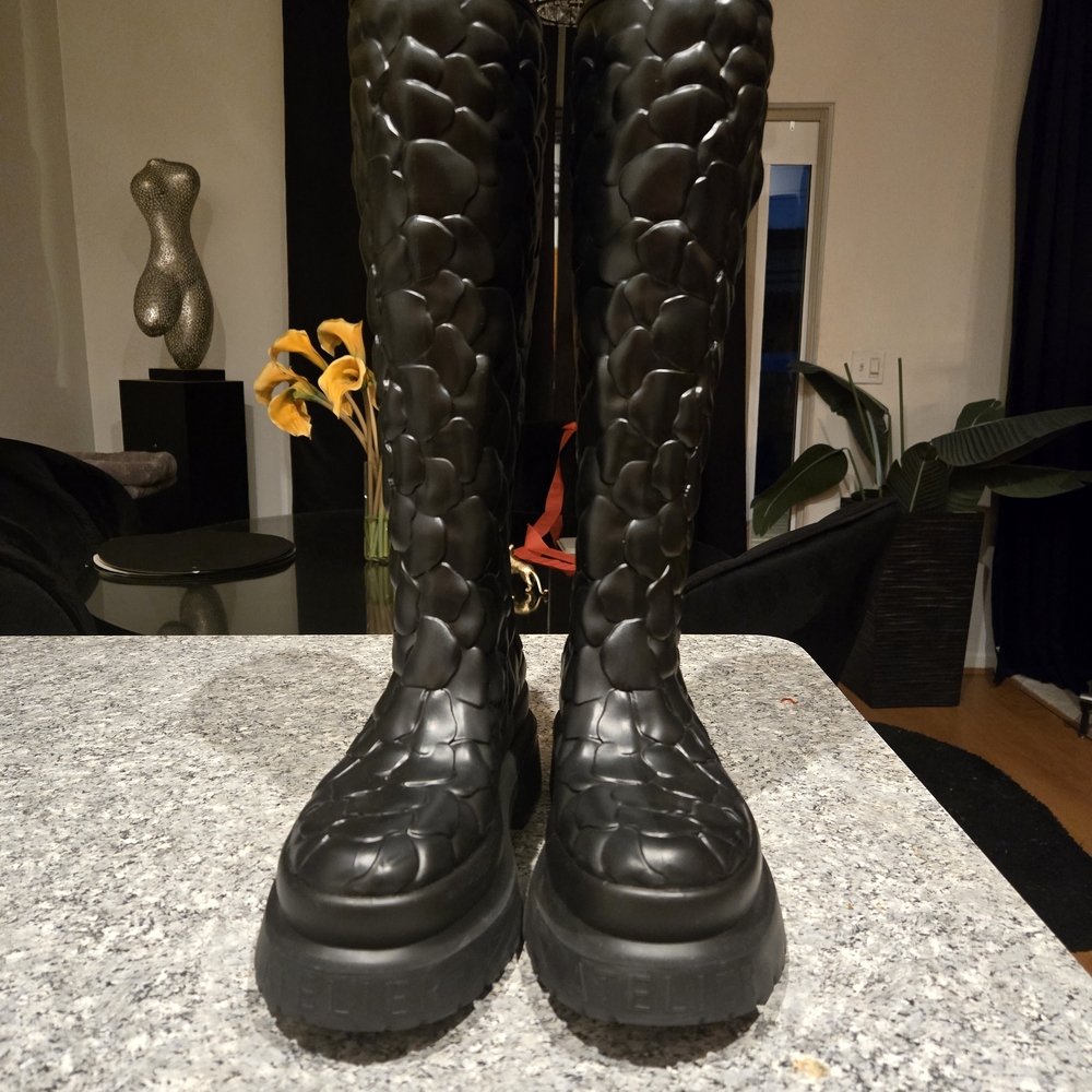 Valentino Garavani Black Quilted-Texture Tall Rain Boots